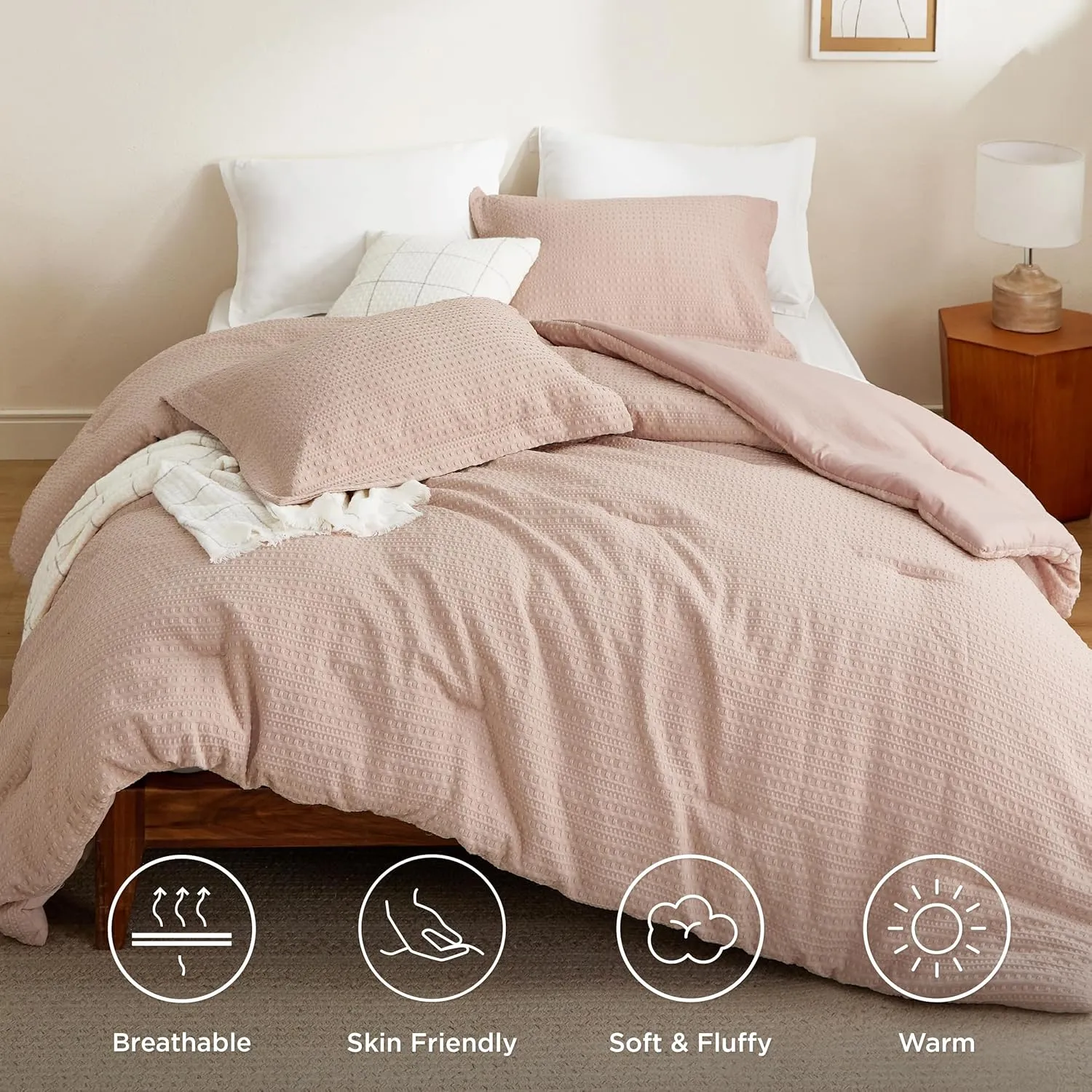 Bedsure Waffle Comforter Set Queen, Soft and Breathable Dusty Pink Bedding Comforter Set, 3 Pieces, 1 Waffle Weave Comforter (90"x90") and 2 Pillow Shams (20"x26" 2")