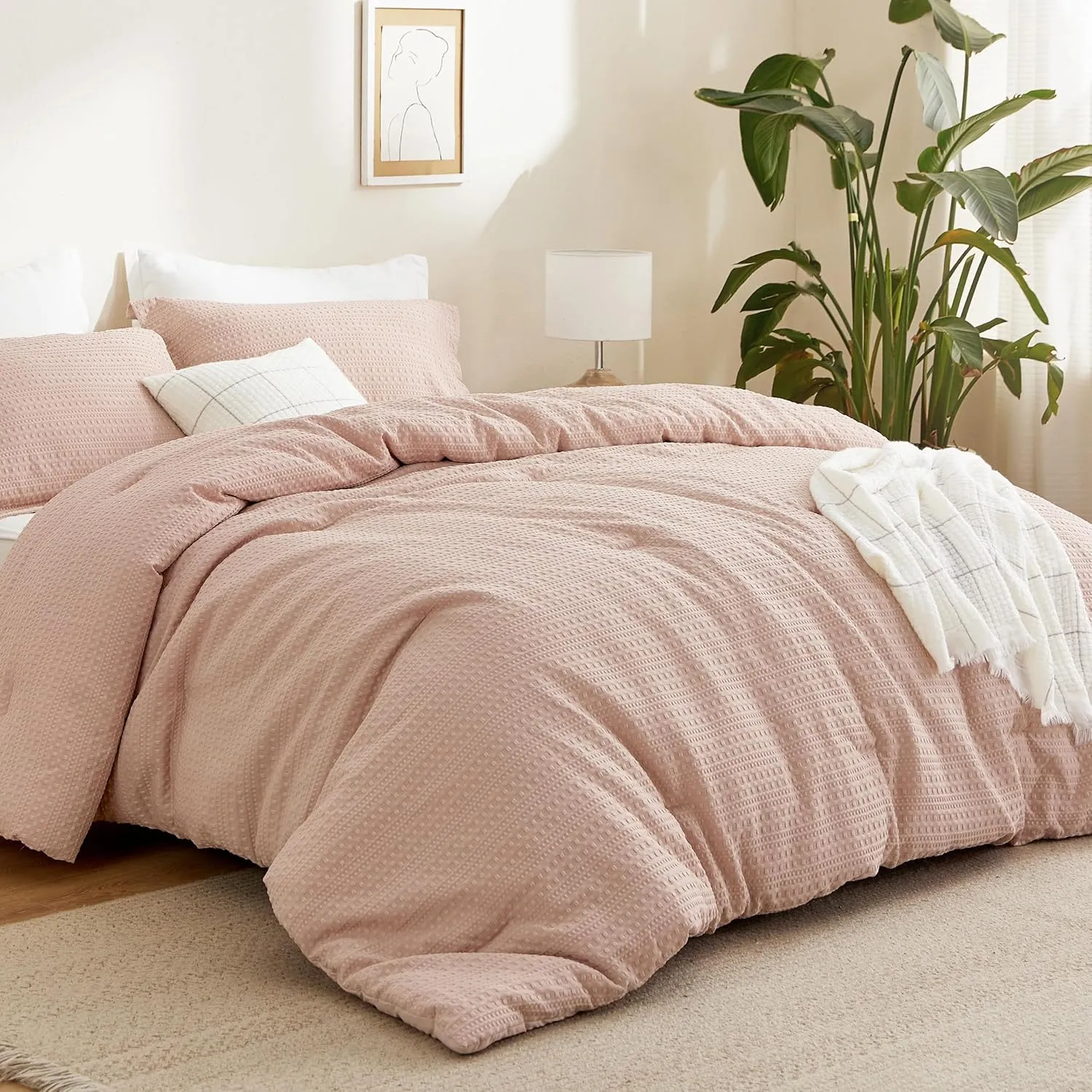 Bedsure Waffle Comforter Set Queen, Soft and Breathable Dusty Pink Bedding Comforter Set, 3 Pieces, 1 Waffle Weave Comforter (90"x90") and 2 Pillow Shams (20"x26" 2")