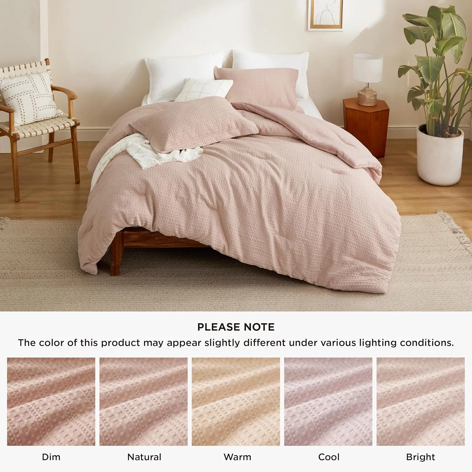 Bedsure Waffle Comforter Set Queen, Soft and Breathable Dusty Pink Bedding Comforter Set, 3 Pieces, 1 Waffle Weave Comforter (90"x90") and 2 Pillow Shams (20"x26" 2")