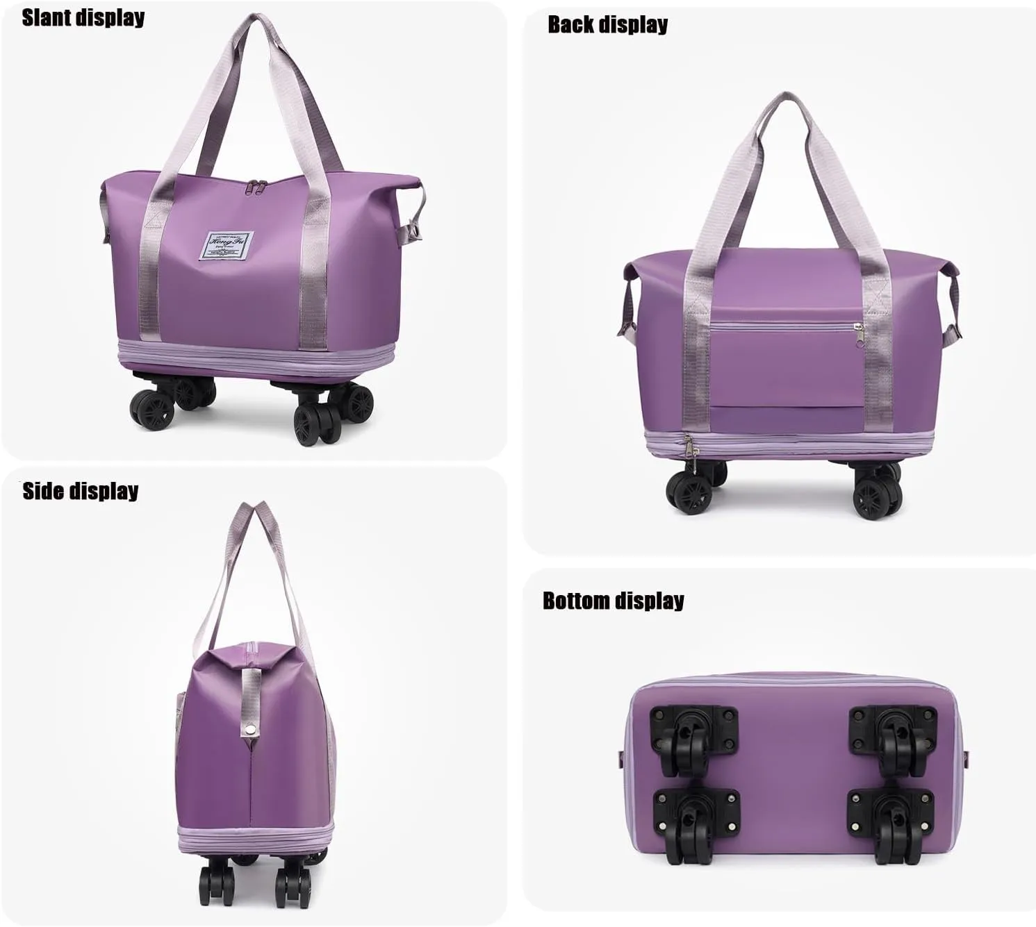 Beente Travel Bag with Wheels, Kulken Travel Bag with Removable Wheels, Universal Wheel Removable, Expandable Foldable (Light Purple)