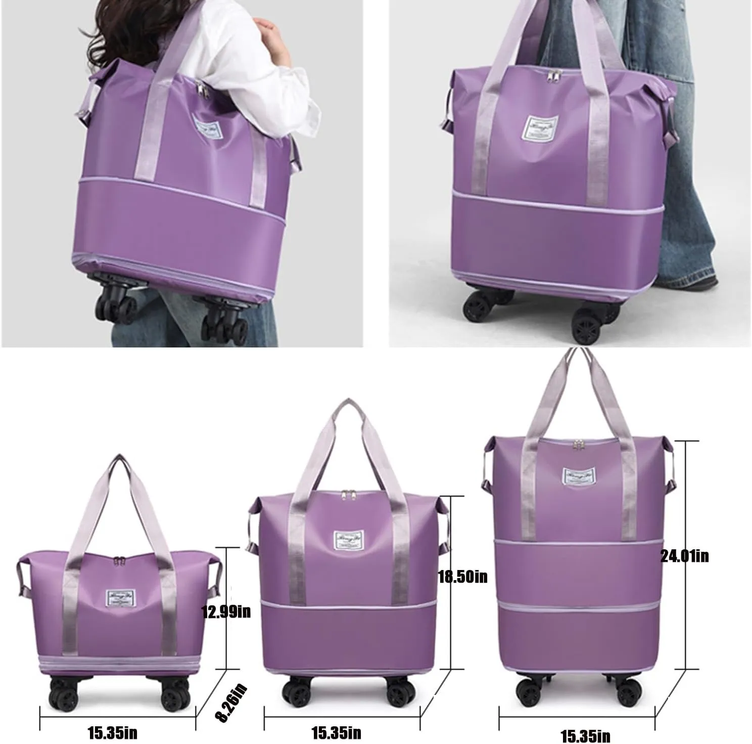 Beente Travel Bag with Wheels, Kulken Travel Bag with Removable Wheels, Universal Wheel Removable, Expandable Foldable (Light Purple)
