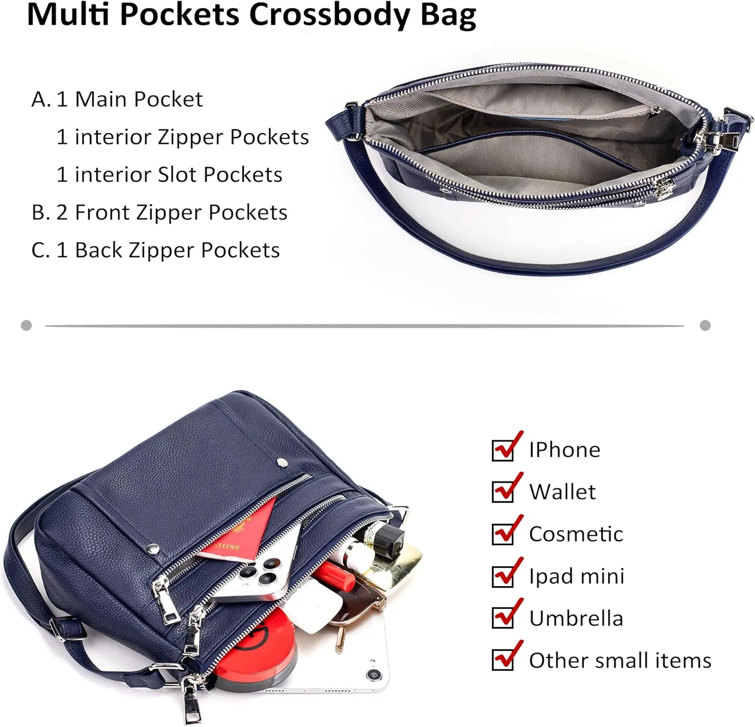 befen Genuine Leather Small Crossbody Bags Purses for Women Pocketbooks Shoulder Bag Satchel Purse with Multi Zipper Pockets