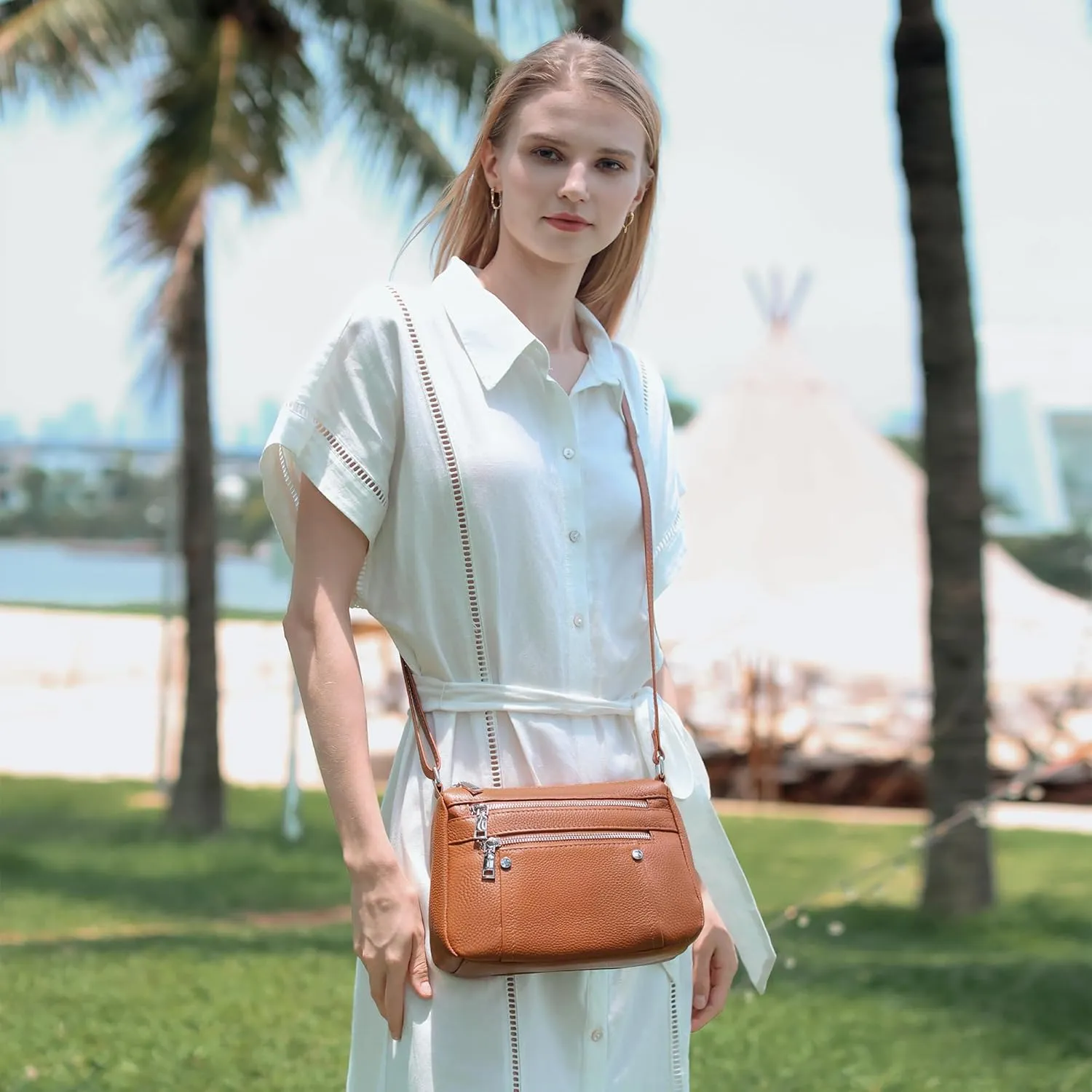befen Genuine Leather Small Crossbody Bags Purses for Women Pocketbooks Shoulder Bag Satchel Purse with Multi Zipper Pockets