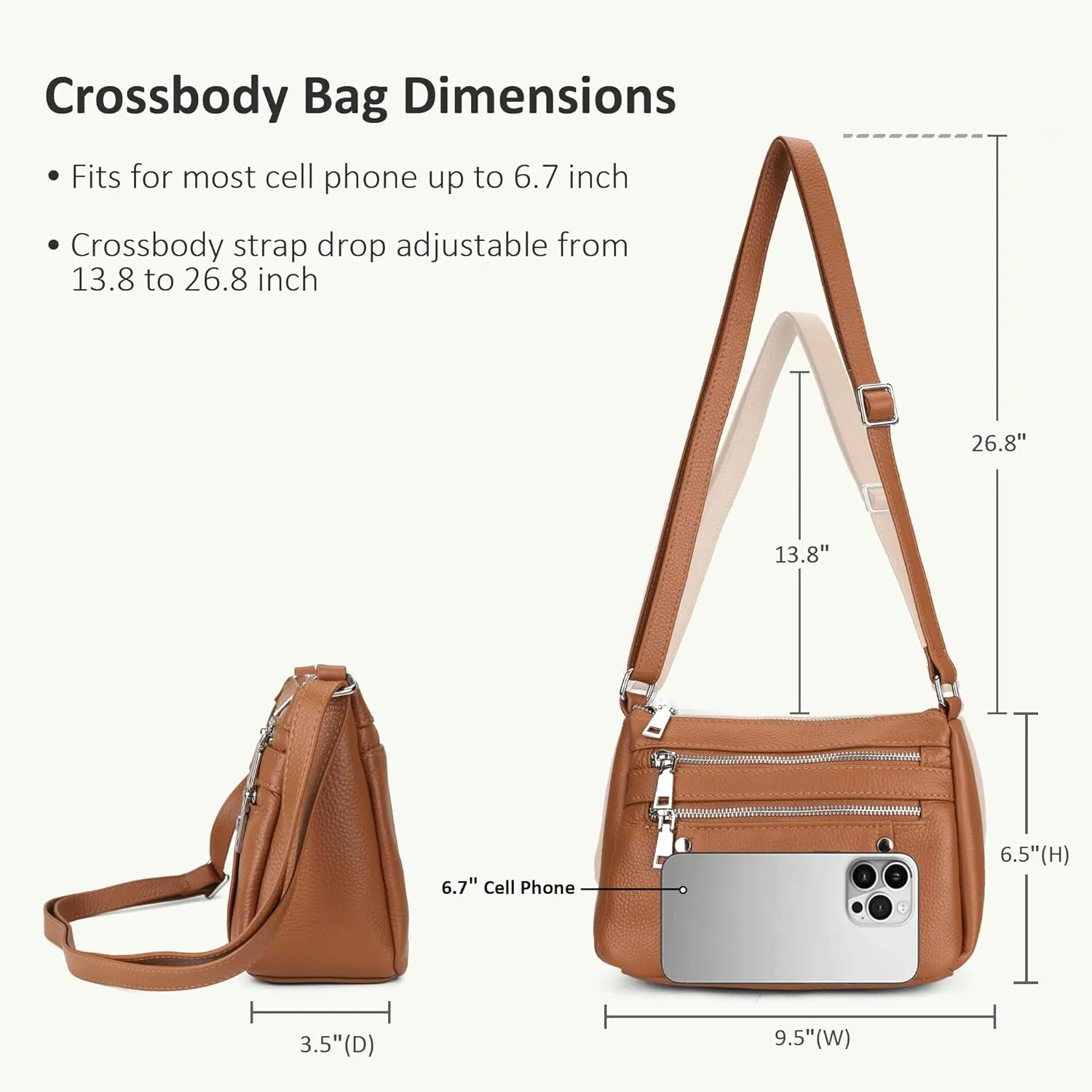 befen Genuine Leather Small Crossbody Bags Purses for Women Pocketbooks Shoulder Bag Satchel Purse with Multi Zipper Pockets