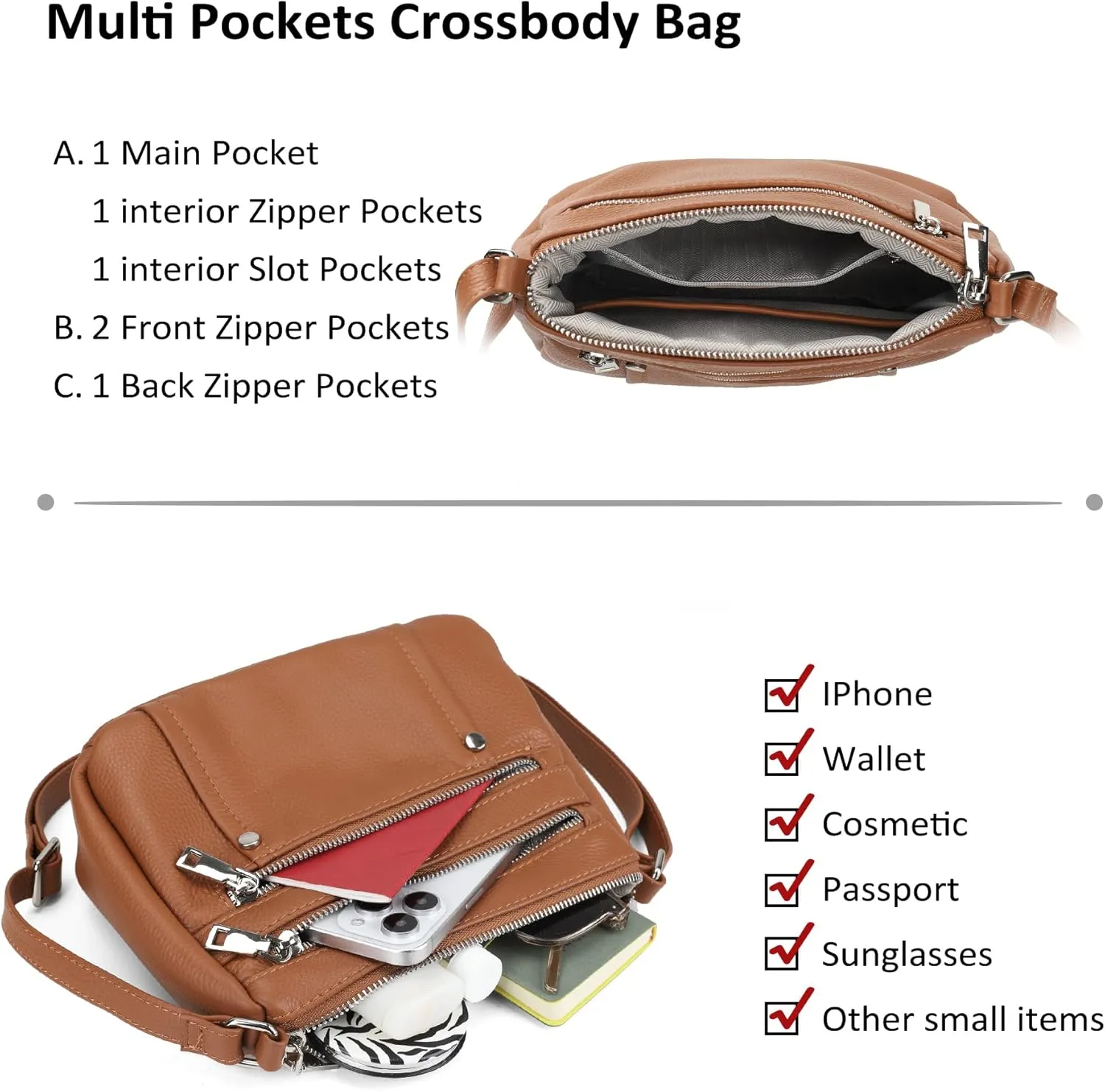 befen Genuine Leather Small Crossbody Bags Purses for Women Pocketbooks Shoulder Bag Satchel Purse with Multi Zipper Pockets