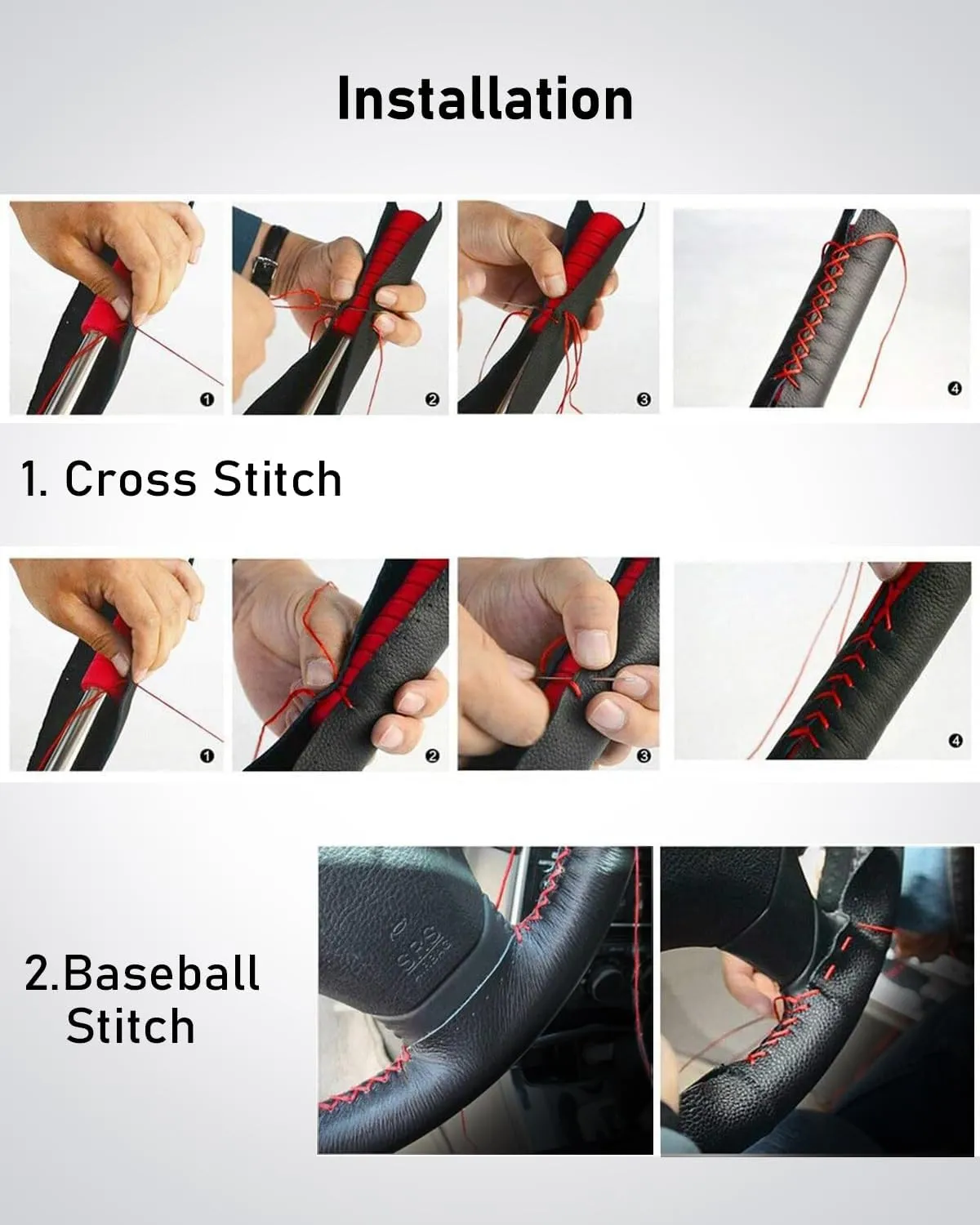 BELINOUS Leather Steering Wheel Cover Lace Up, Stitch On Wrap, Universal Fit 13-20 inch Car Truck SUV Pickup Boat, A Whole Piece of Cowhide, DIY Stitch w/Needle Thread (Size S4, Black)