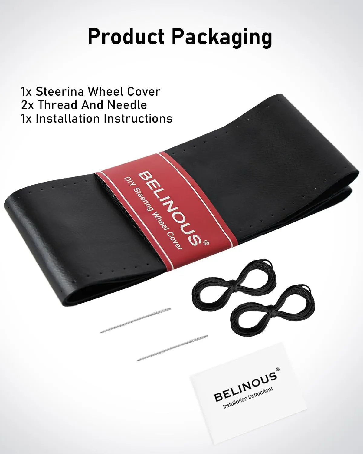 BELINOUS Leather Steering Wheel Cover Lace Up, Stitch On Wrap, Universal Fit 13-20 inch Car Truck SUV Pickup Boat, A Whole Piece of Cowhide, DIY Stitch w/Needle Thread (Size S4, Black)