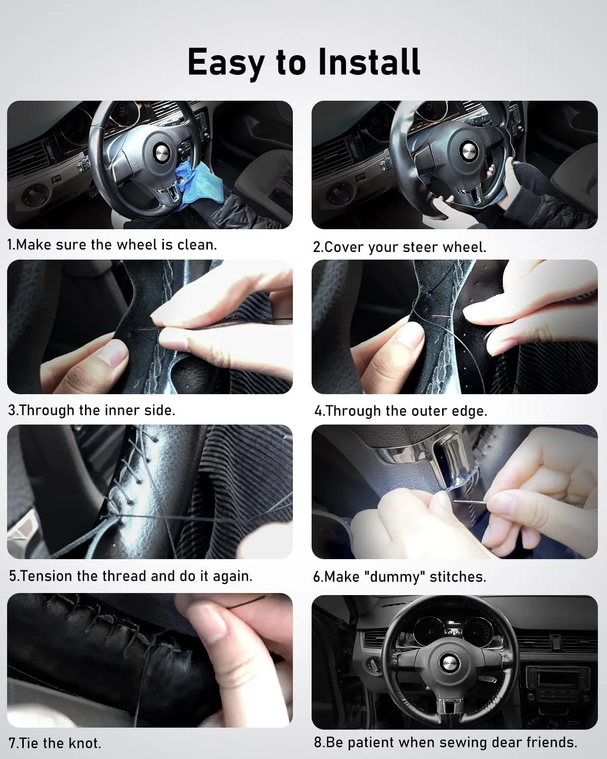 BELINOUS Leather Steering Wheel Cover Lace Up, Stitch On Wrap, Universal Fit 13-20 inch Car Truck SUV Pickup Boat, A Whole Piece of Cowhide, DIY Stitch w/Needle Thread (Size S4, Black)