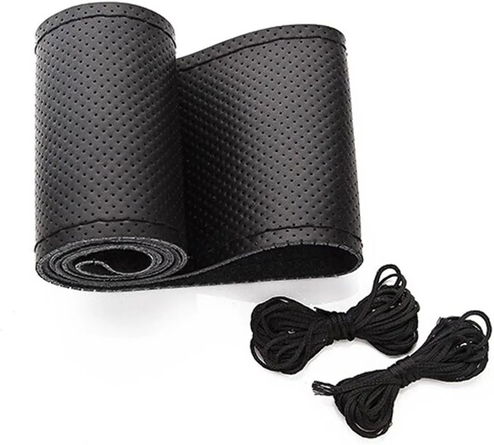 BELINOUS Universal Leather Car Steering Wheel Cover, Stitch On Wrap (Size M1, Black)