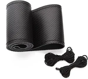 BELINOUS Universal Leather Car Steering Wheel Cover, Stitch On Wrap (Size M1, Black)