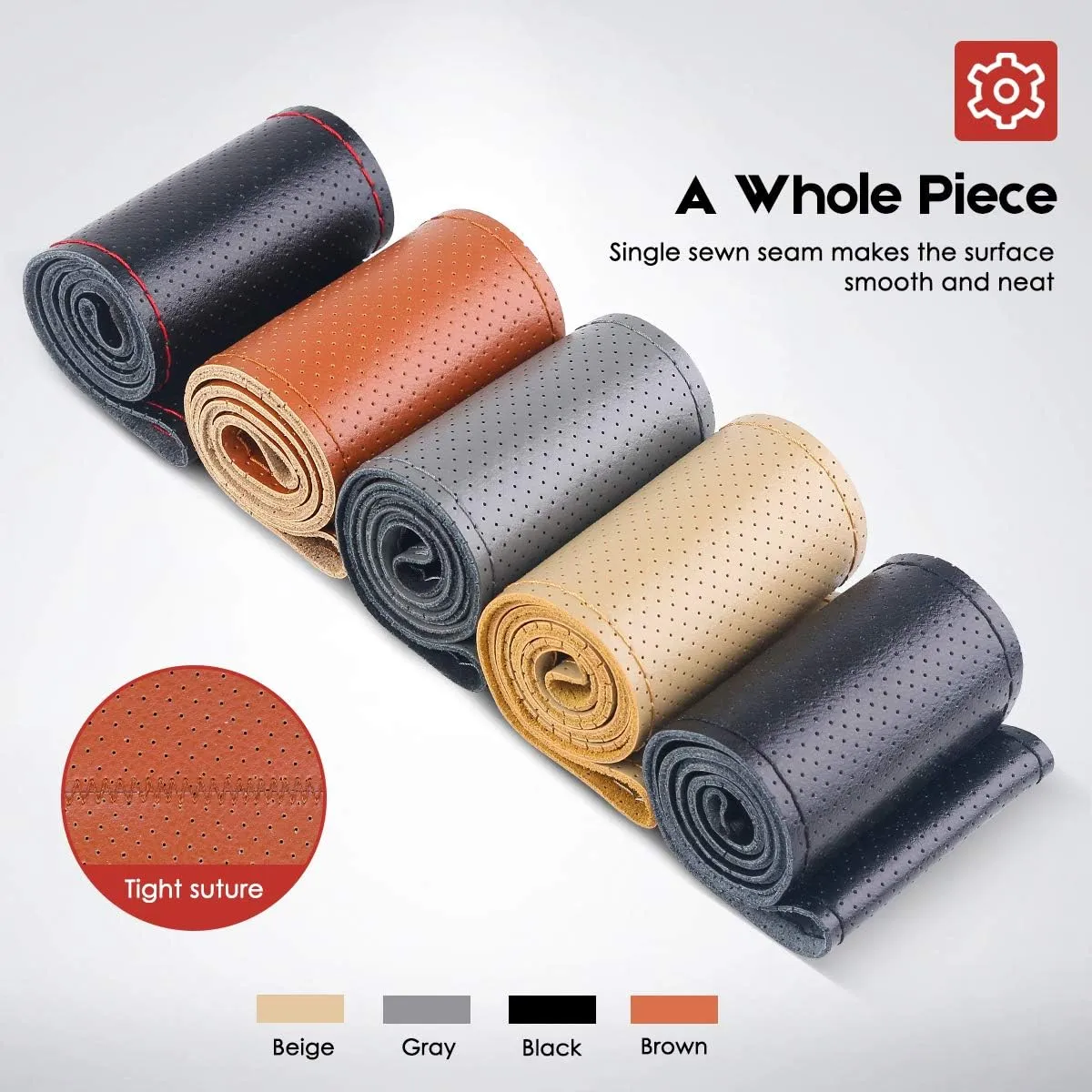BELINOUS Universal Leather Car Steering Wheel Cover, Stitch On Wrap (Size M4, Gray)