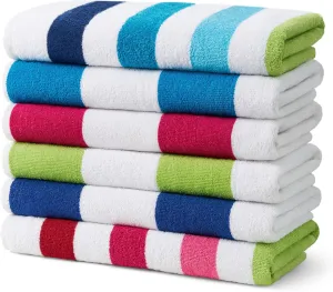 Ben Kaufman Cabana Stripe Beach & Pool Towel - Large Cotton Terry Beach Towel - Soft & Absorbant - Assorted Colors - 30" x 60" - 6 Pack