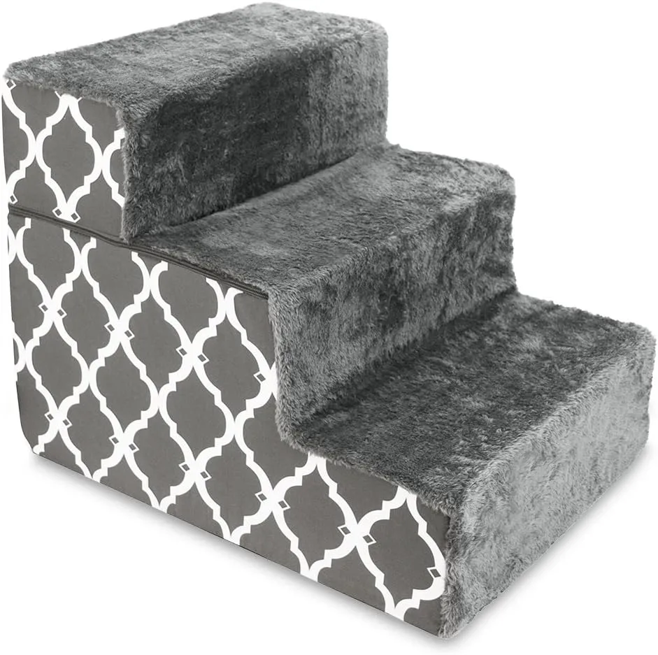 Best Pet Supplies Foldable Foam Pet Steps for Small Dogs & Cats, Portable Ramp Stairs for Couch, Sofa & High Bed Climbing, Non-Slip Balanced Step Support, Paw Safe - Gray Lattice, 3-Step (H: 16.5")