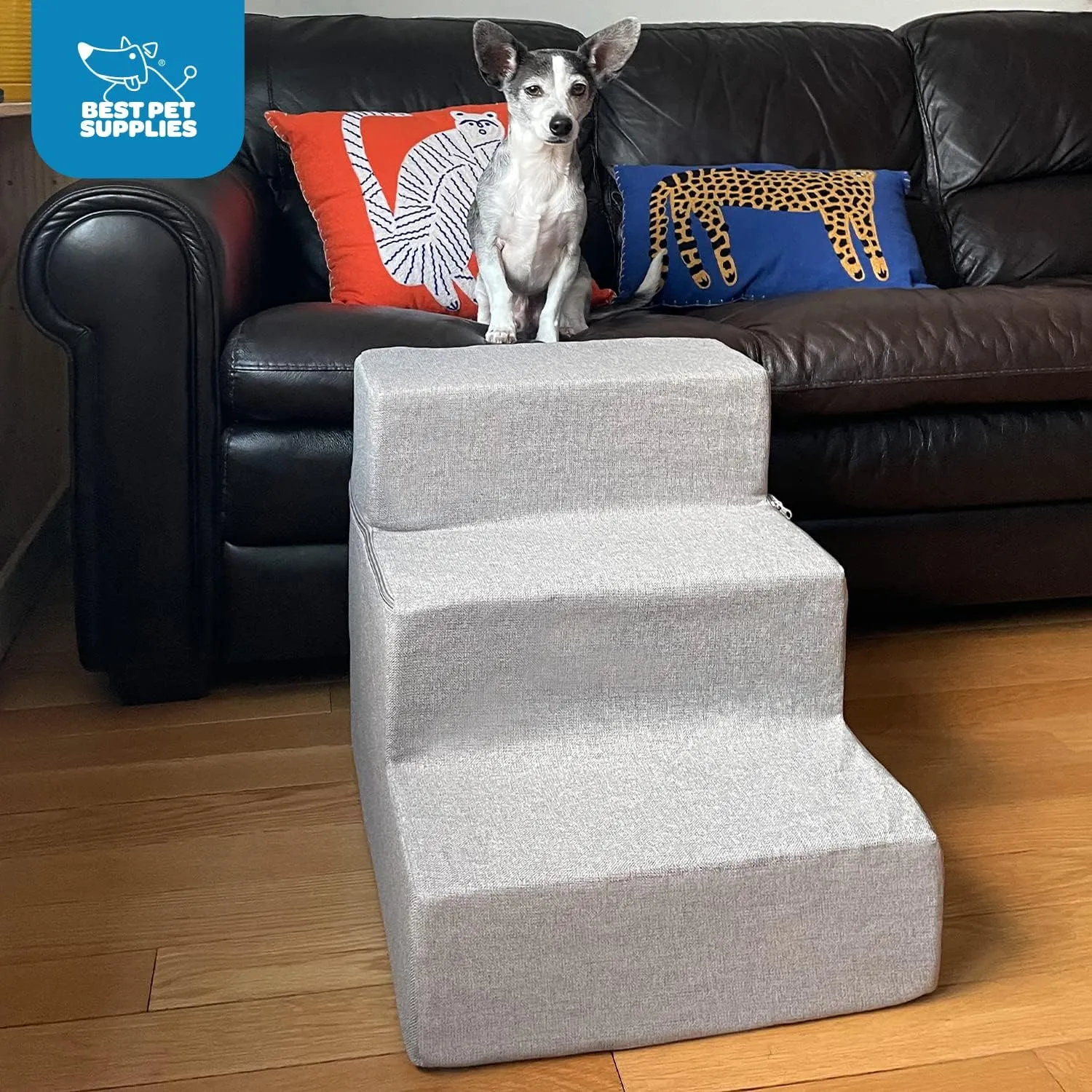 Best Pet Supplies Foldable Foam Pet Steps for Small Dogs & Cats, Portable Ramp Stairs for Couch, Sofa & High Bed Climbing, Non-Slip Balanced Step Support, Paw Safe - Gray Lattice, 3-Step (H: 16.5")