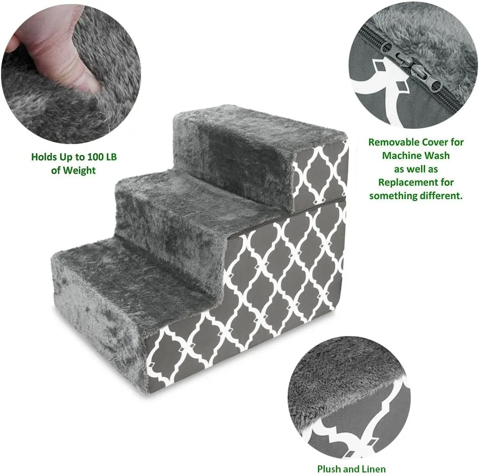 Best Pet Supplies Foldable Foam Pet Steps for Small Dogs & Cats, Portable Ramp Stairs for Couch, Sofa & High Bed Climbing, Non-Slip Balanced Step Support, Paw Safe - Gray Lattice, 3-Step (H: 16.5")