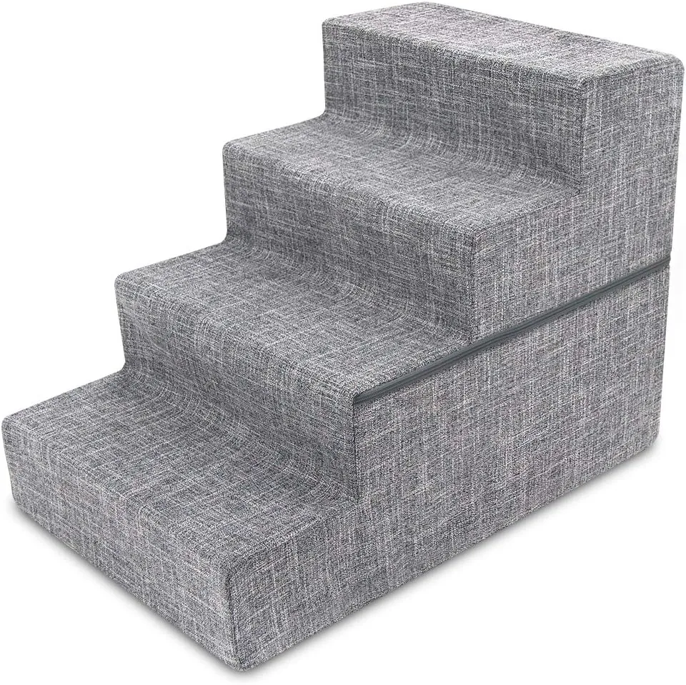 Best Pet Supplies Foldable Foam Pet Steps for Small Dogs and Cats, Portable Ramp Stairs for Couch, Sofa, and High Bed Climbing, Non-Slip Balanced Indoor Step Support, Paw Safe - Ash Gray Linen,4-Step