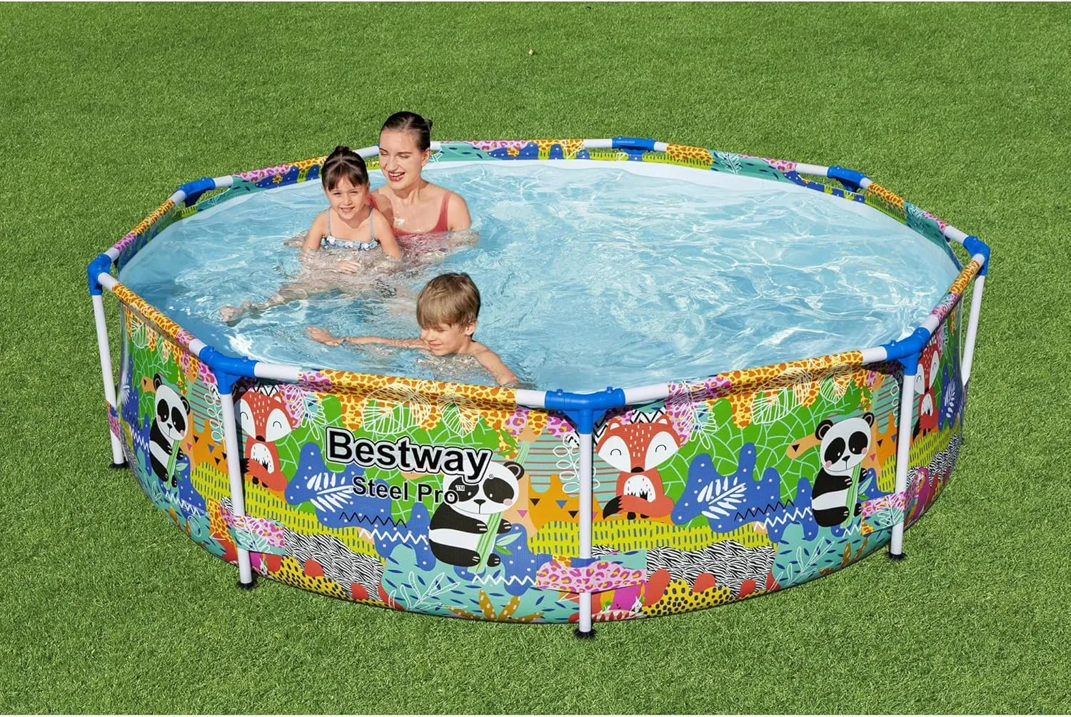 Bestway Steel Pro 9 Foot x 26 Inch Above Ground Round Outdoor Backyard Swimming Pool with 851 Gallon Water Capacity, Panda Jungle Print