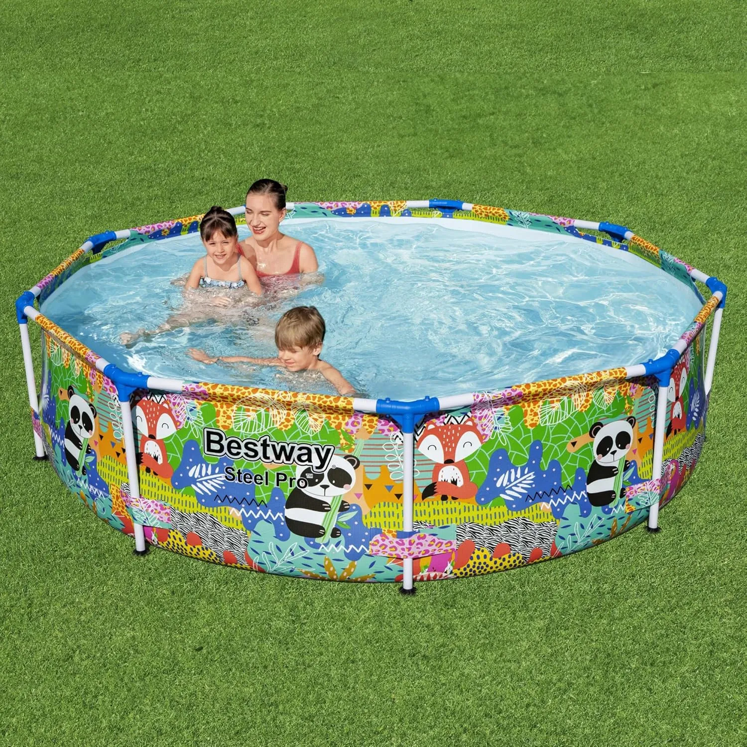 Bestway Steel Pro 9 Foot x 26 Inch Above Ground Round Outdoor Backyard Swimming Pool with 851 Gallon Water Capacity, Panda Jungle Print