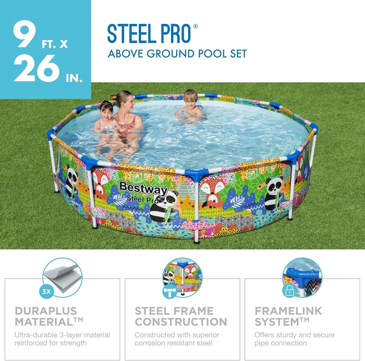 Bestway Steel Pro 9 Foot x 26 Inch Above Ground Round Outdoor Backyard Swimming Pool with 851 Gallon Water Capacity, Panda Jungle Print