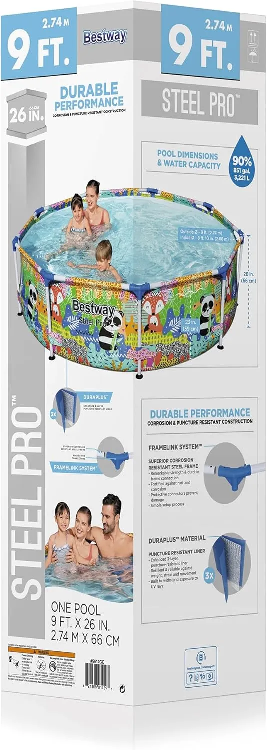 Bestway Steel Pro 9 Foot x 26 Inch Above Ground Round Outdoor Backyard Swimming Pool with 851 Gallon Water Capacity, Panda Jungle Print