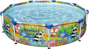 Bestway Steel Pro 9 Foot x 26 Inch Above Ground Round Outdoor Backyard Swimming Pool with 851 Gallon Water Capacity, Panda Jungle Print