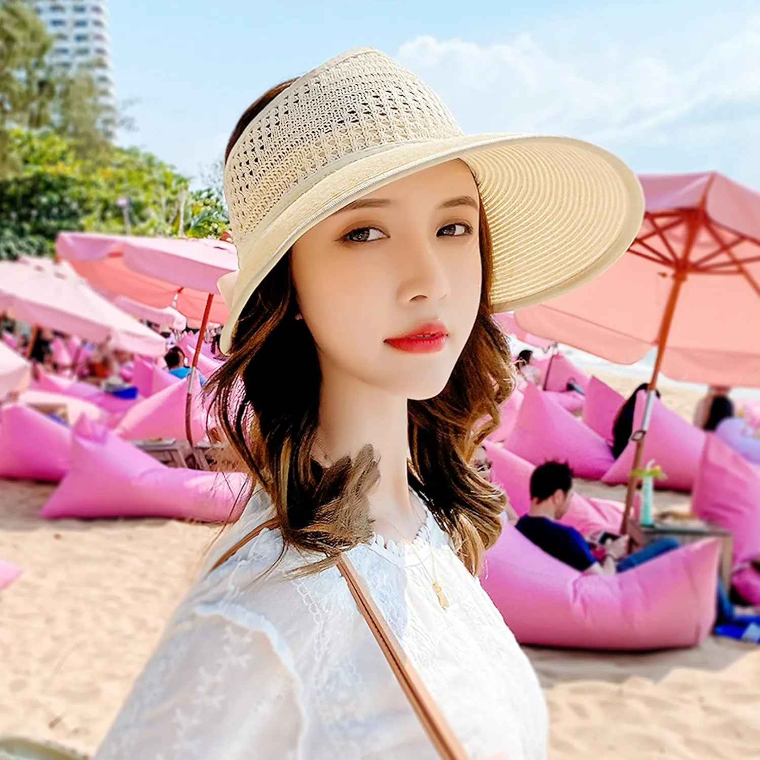 Bienvenu Little Girl Straw Hat Roll Up Sun Hat Packable Sun Visor for Kids Beach Hat