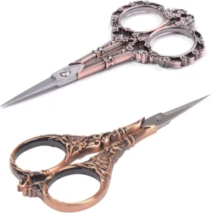 BIHRTC 2 Pairs Sewing Scissors Vintage European Style Flower Pattern Needlework Embroidery Stainless Steel Craft Tailor Scissors (Copper Copper)