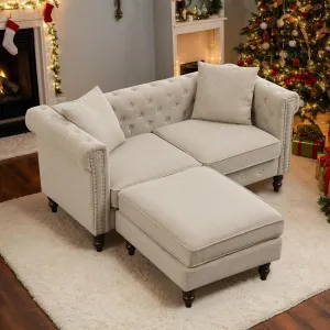 BINGTOO 63'' Mid Century Modern Couch Chesterfield Linen Loveseat Sofa with Ottoman Tufted Deep Seat Sofa with Scroll Arms and Nailhead Comfy Upholstered Couch for Living Room (Grey, 2 Seater)