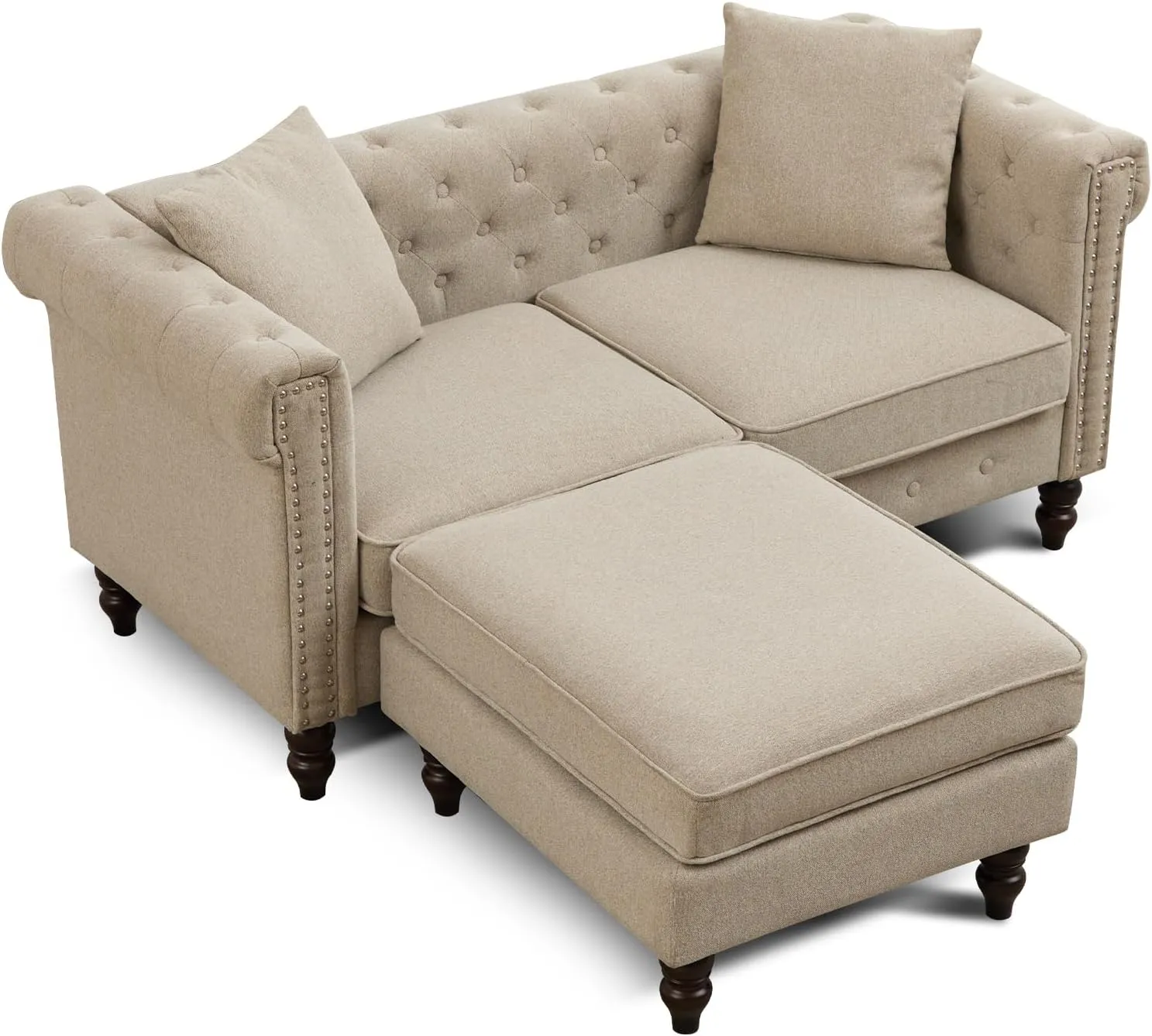 BINGTOO 63'' Mid Century Modern Couch Chesterfield Linen Loveseat Sofa with Ottoman Tufted Deep Seat Sofa with Scroll Arms and Nailhead Comfy Upholstered Couch for Living Room (Grey, 2 Seater)