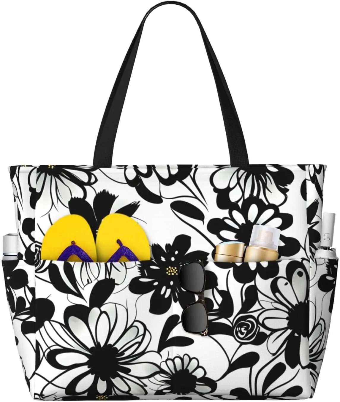Black and White Flowers Print Large Capacity Beach Travel Bag with Zipper and Pockets for Camping Travel Gym