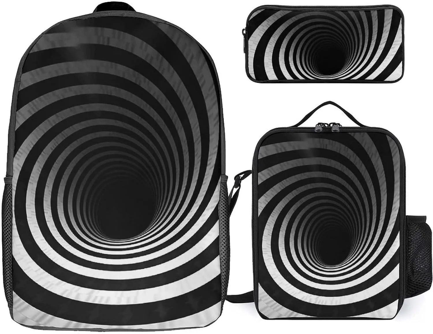 Black And White Spiral Tunnel 3 Piece Backpack Set with Lunch Bag And Pencil Case Travel Laptop Bags Lightweight Causal Daypack for Women Men
