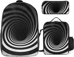Black And White Spiral Tunnel 3 Piece Backpack Set with Lunch Bag And Pencil Case Travel Laptop Bags Lightweight Causal Daypack for Women Men
