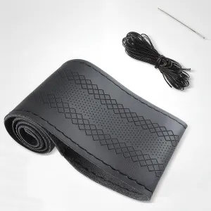 Black Leather Steering Wheel Cover, Stitch On Wrap, Breathable Cowhide Car Steering Wheel Cover, Standard Size 15 Inch (Type C)