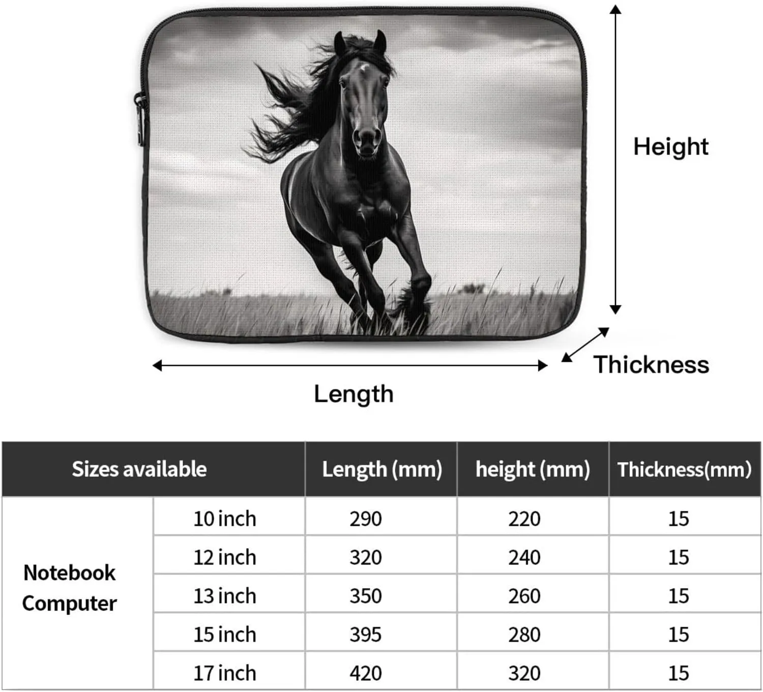 Black Stallion Pattern Shockproof Portable Laptop 17 inch Sleeve Bag for Men and Women - Ideal for Business Travel, School, and Daily Use