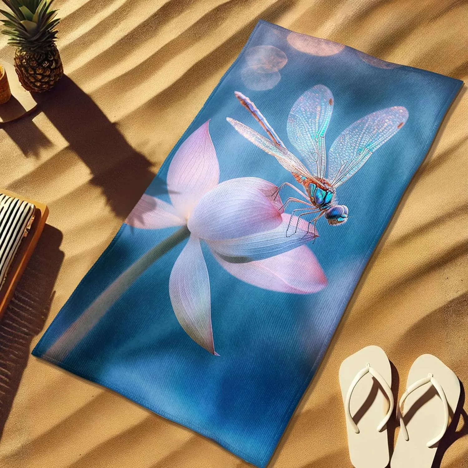 Blue Dragonfly Microfiber Beach Towel Large Water Lily Flower Bath Towel, Quick Dry Absorbent Soft Sand Free Oversized Lightweight Beach Blanket, Outdoor Travel Essentials for Picnics 62x31 Inch