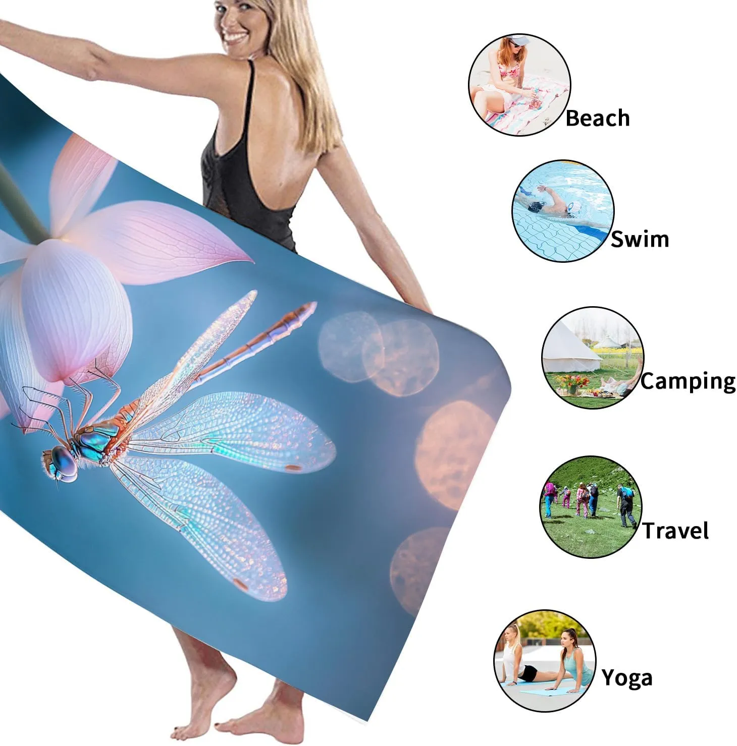 Blue Dragonfly Microfiber Beach Towel Large Water Lily Flower Bath Towel, Quick Dry Absorbent Soft Sand Free Oversized Lightweight Beach Blanket, Outdoor Travel Essentials for Picnics 62x31 Inch