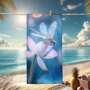 Blue Dragonfly Microfiber Beach Towel Large Water Lily Flower Bath Towel, Quick Dry Absorbent Soft Sand Free Oversized Lightweight Beach Blanket, Outdoor Travel Essentials for Picnics 62x31 Inch