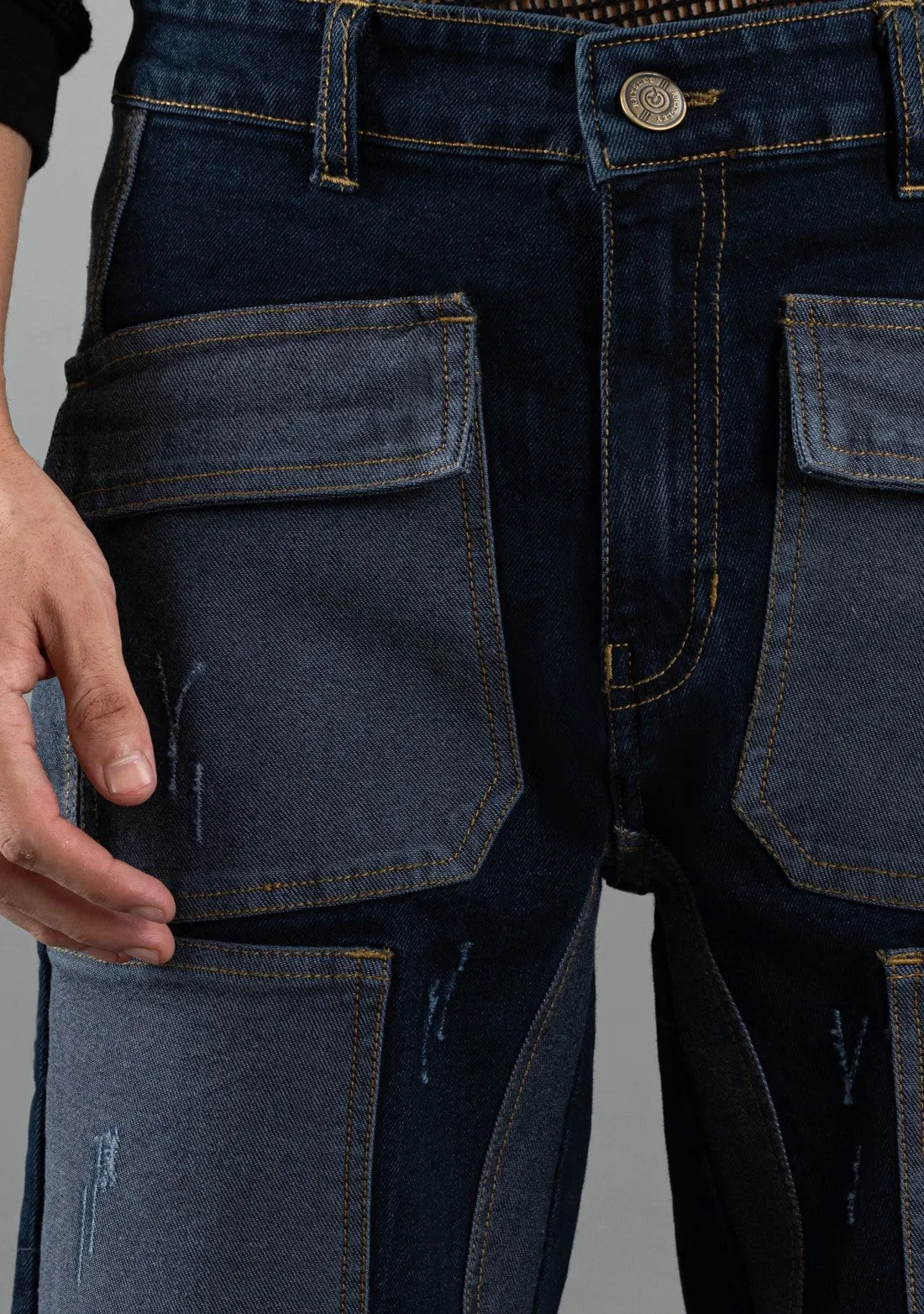 Blue Straight Fit Rhysley Men's Multi Pocket Jeans Male Bottomwear