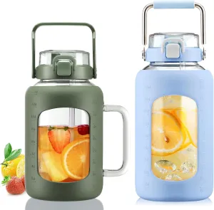 BLUEGO 64oz and 84oz Glass Water Bottles Bundle(64 Olive   84 Blue) with Straw and Lids Handle Large Water Tumbler with Sleeve, Glass Water Container, 2 Liter Water Jug Glass, BPA Free