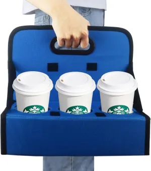 Boczif Cup Caddy Portable Drink Carrier or Cans Reusable, 6-Cup Holder with Handle, Folds Flat, Carry Coffee, Wine, Cocktails, Safely Secures Hot and Cold Beverages- for Delivery and Take Out (Blue)