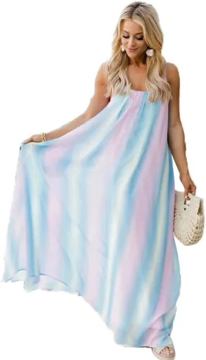 Boho Summer Dress for Women Casual Style Loose Spaghetti Strap Maxi Flowy Sun Dress with Pockets for Beach