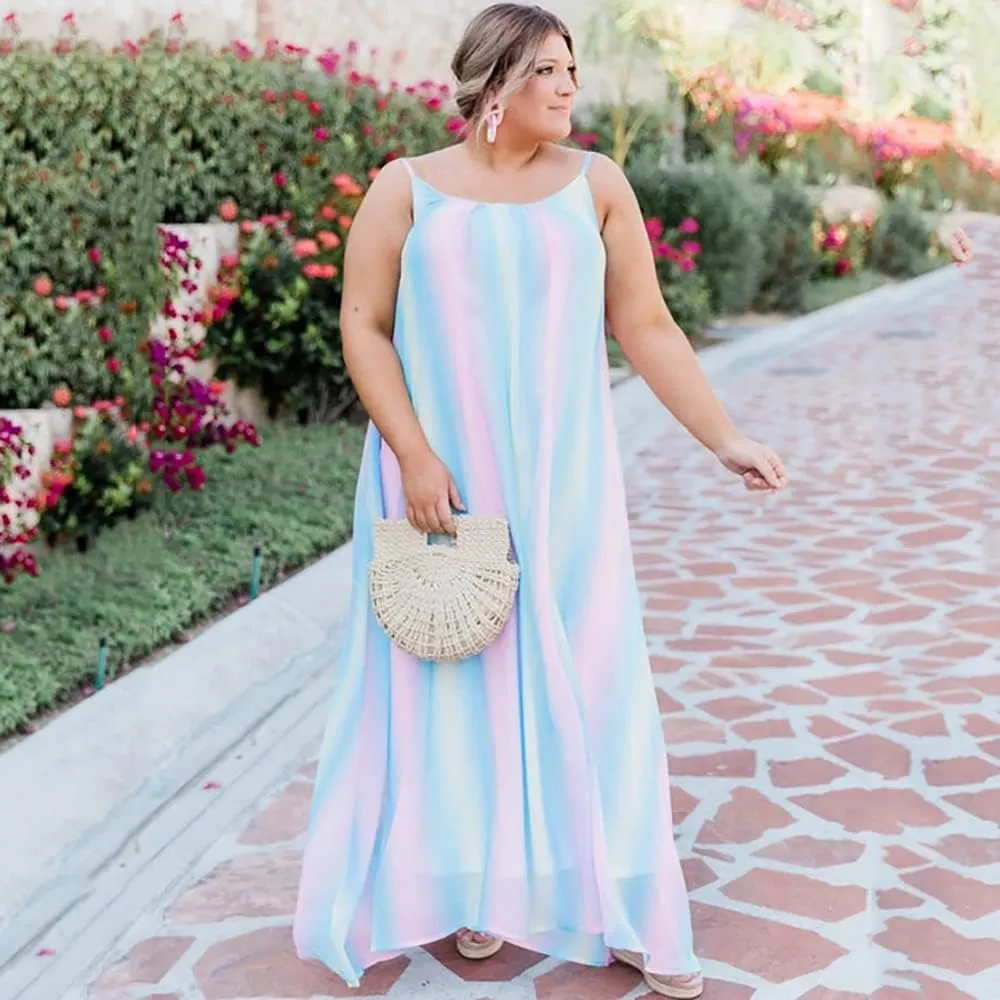 Boho Summer Dress for Women Casual Style Loose Spaghetti Strap Maxi Flowy Sun Dress with Pockets for Beach
