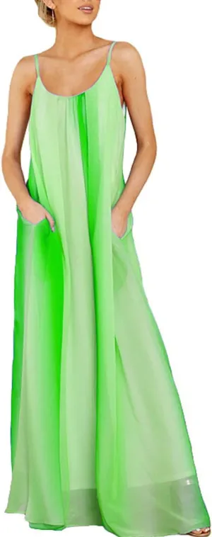 Boho Summer Dress for Women Casual Style Loose Spaghetti Strap Maxi Flowy Sun Dress with Pockets for Beach