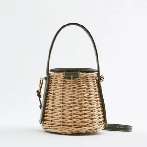 Boho Woven Straw Bucket Bag – Handmade Summer Rattan Crossbody Tote for Women