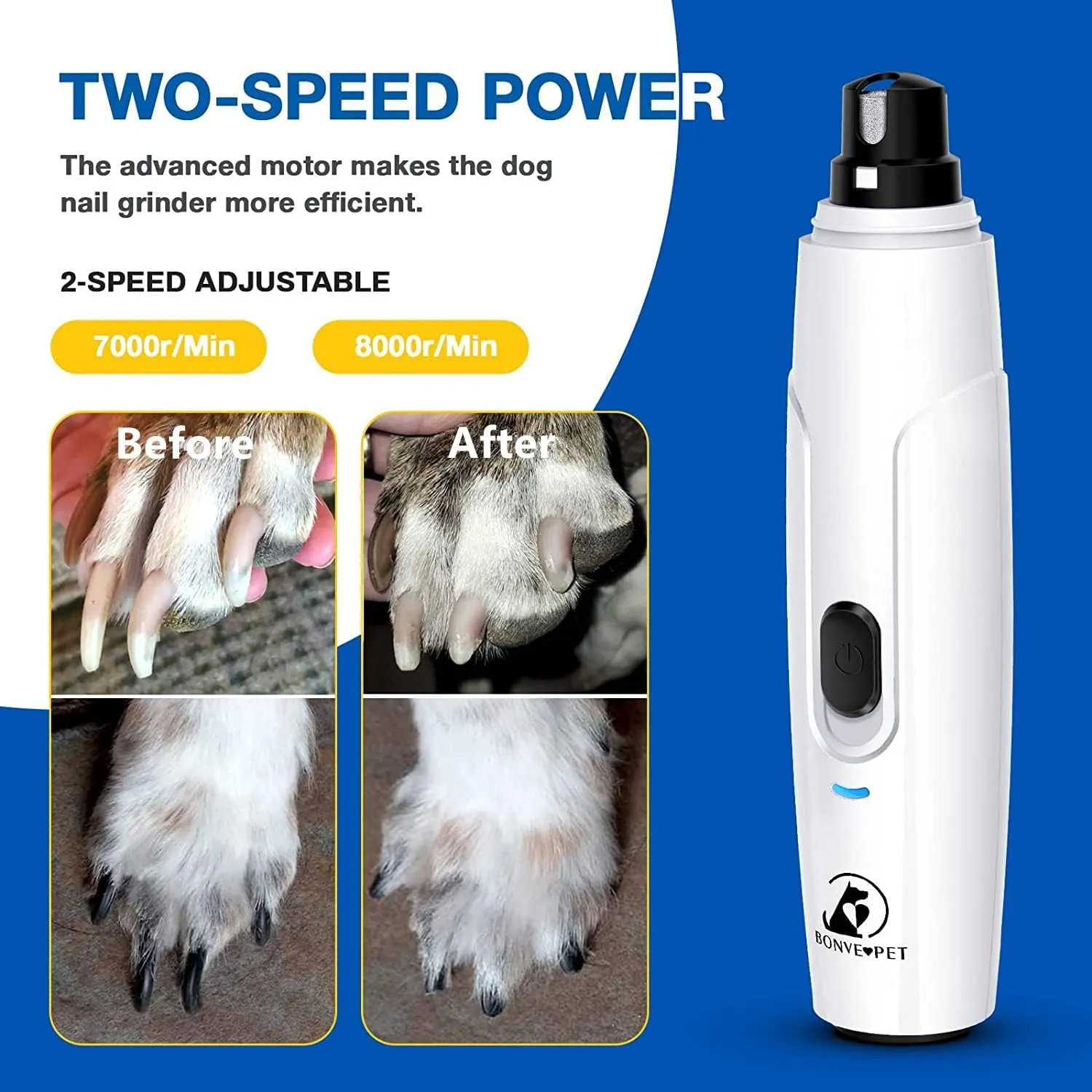 Bonve Pet Nail Grinder for Dogs - Upgraded Dog Nail Trimmers Super Quiet, 2 Speeds, Rechargeable, 2 Grinding Wheels for Small Large Dogs & Cats