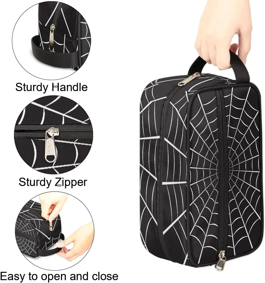 Boys Travel Toiletry Bag Black Spider Web Kids Waterproof Hanging Dopp Kit, Wash Bag with Large Capacity for Travel, Sports, Shower