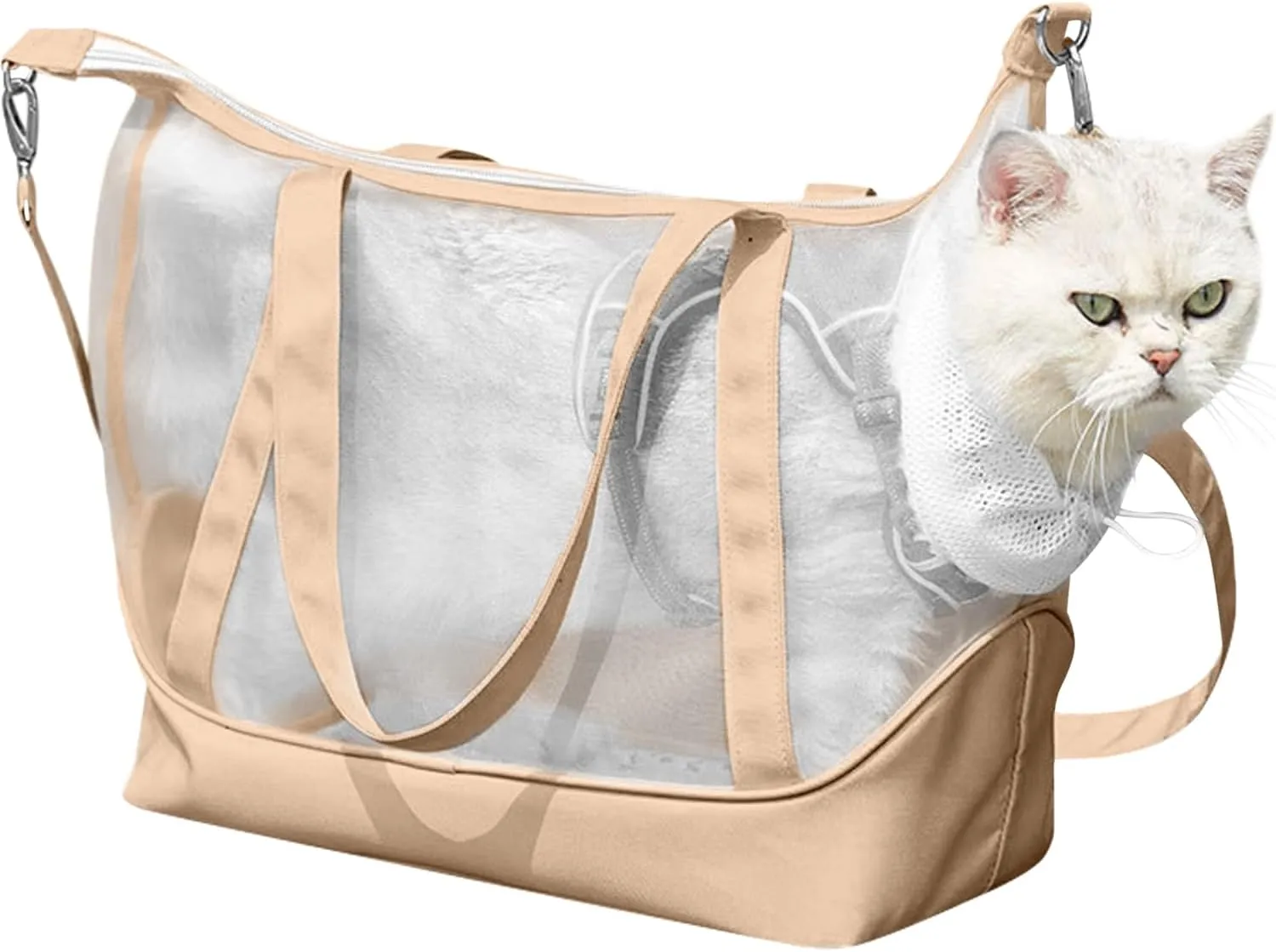 Breathable Mesh Cat Carrier Bag Panoramic Large-Space Pet Handbag Allow to Expose Head and Tail Detachable Sling Carrier Portable Pet Backpack for Outdoors Travel Up to 11lbs Beige