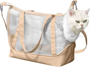 Breathable Mesh Cat Carrier Bag Panoramic Large-Space Pet Handbag Allow to Expose Head and Tail Detachable Sling Carrier Portable Pet Backpack for Outdoors Travel Up to 11lbs Beige