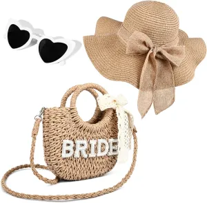 Bride Bag Bride Gift Set Straw Beach Bag Purse Handwoven Tote Bag with Rhinestone Letters Bachelorette Pary Gift Honeymoon Wedding Bridal Shower