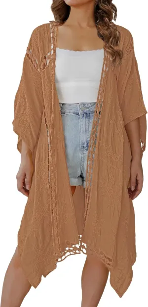 Bsubseach Women Bathing Suit Cover Ups Boho Kimonos for Women Lace Bathing Suit Cove Up for Swimwear Long Beach Dress